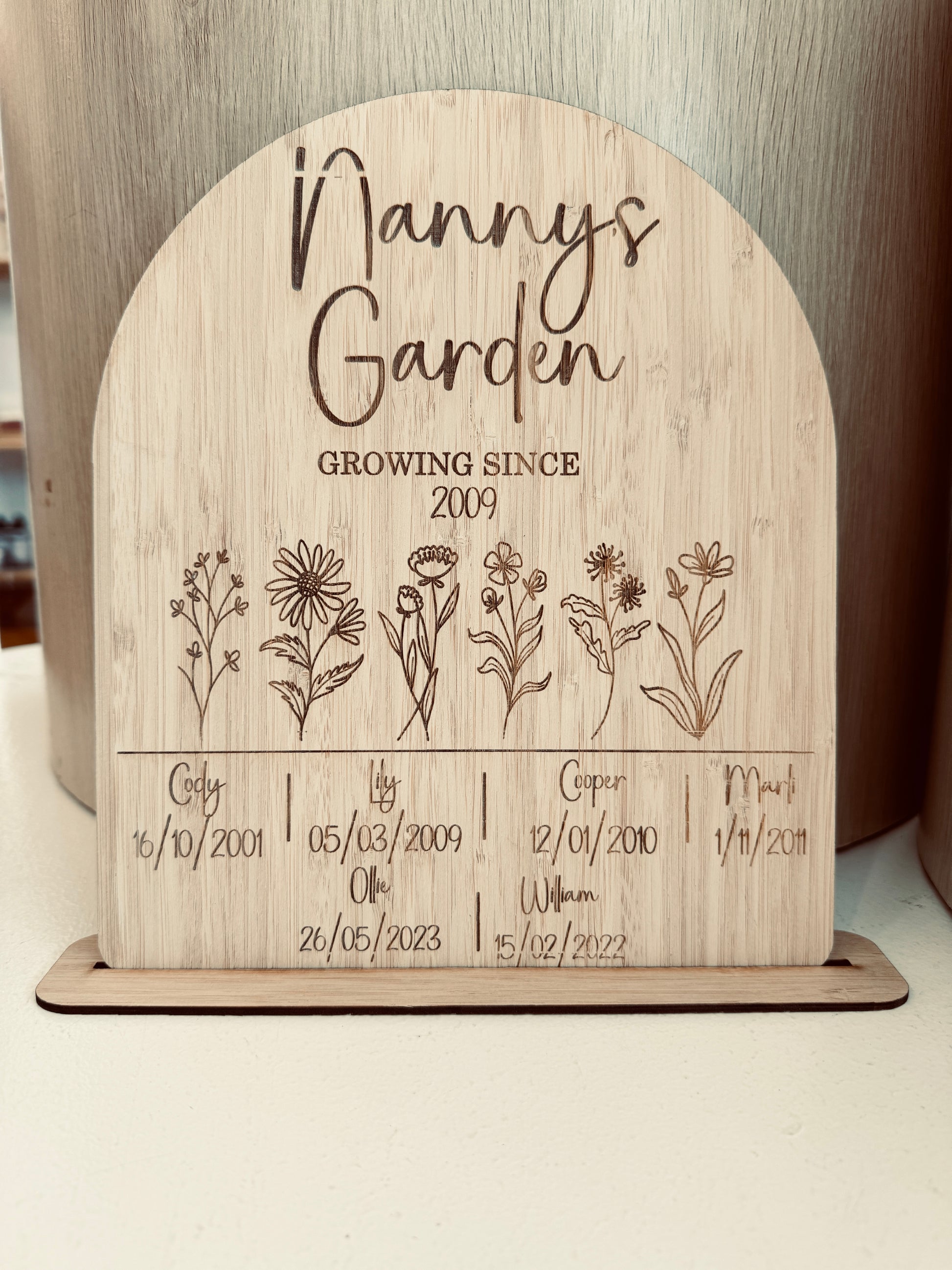 "Personalised wooden plaque featuring birth flowers and children's birthdates