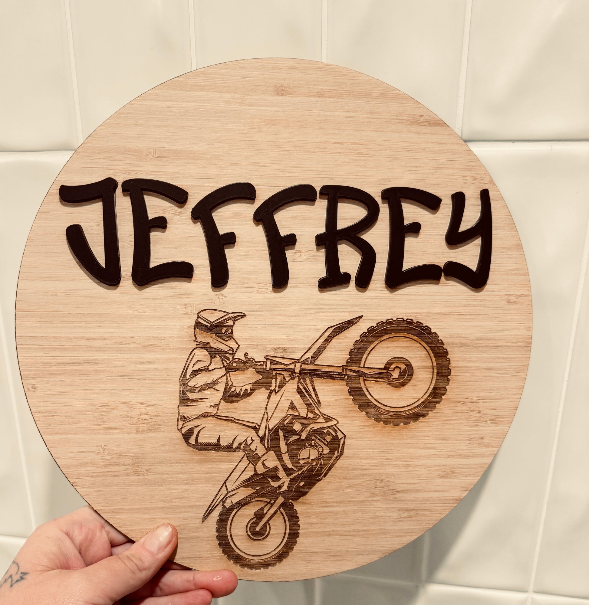 Engraved timber name plaque for child’s door