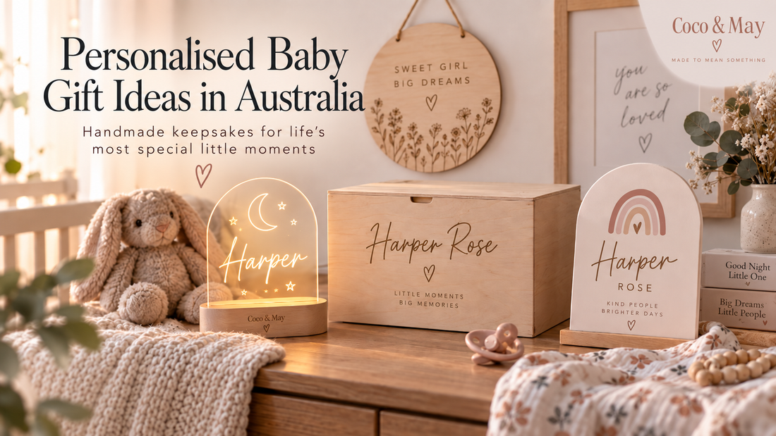 Personalised baby gifts by Coco & May including a custom night light, baby name plaque and keepsake box styled in a neutral nursery.
