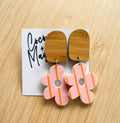 Pink acrylic and wooden dangle earrings with soft floral design, lightweight statement earrings
