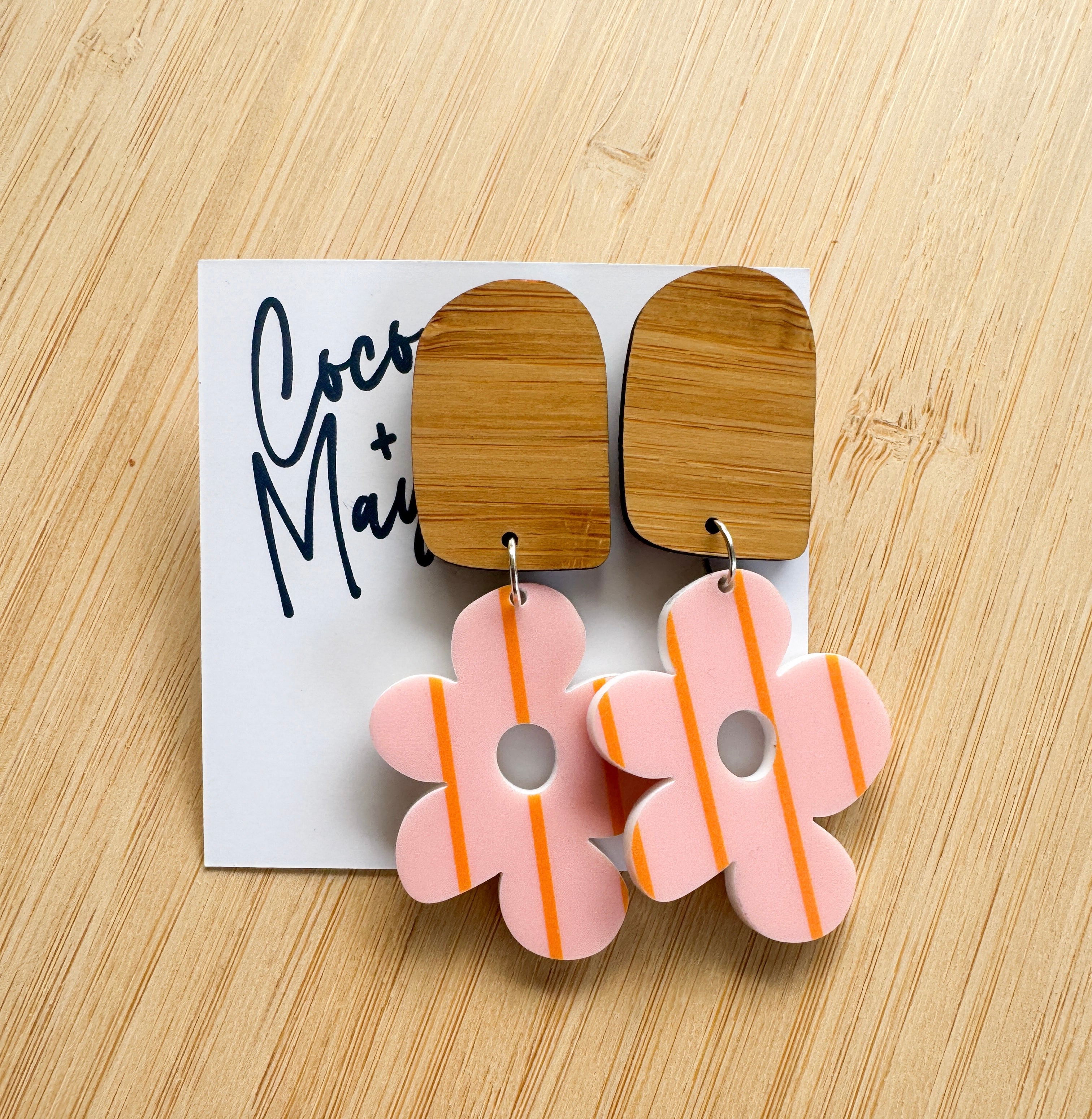 Pink acrylic and wooden dangle earrings with soft floral design, lightweight statement earrings
