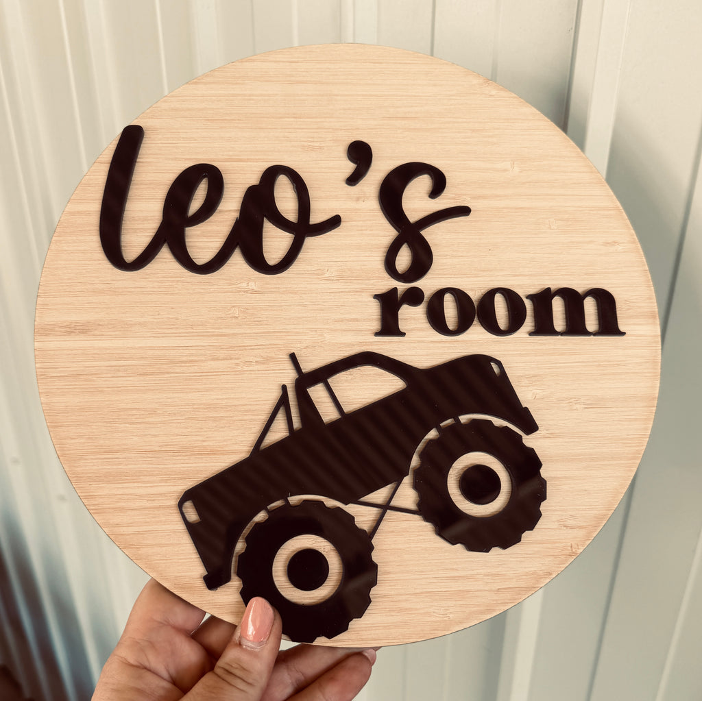Personalised monster truck door plaque with engraved kids name by Coco and May, timber custom name sign Australia

