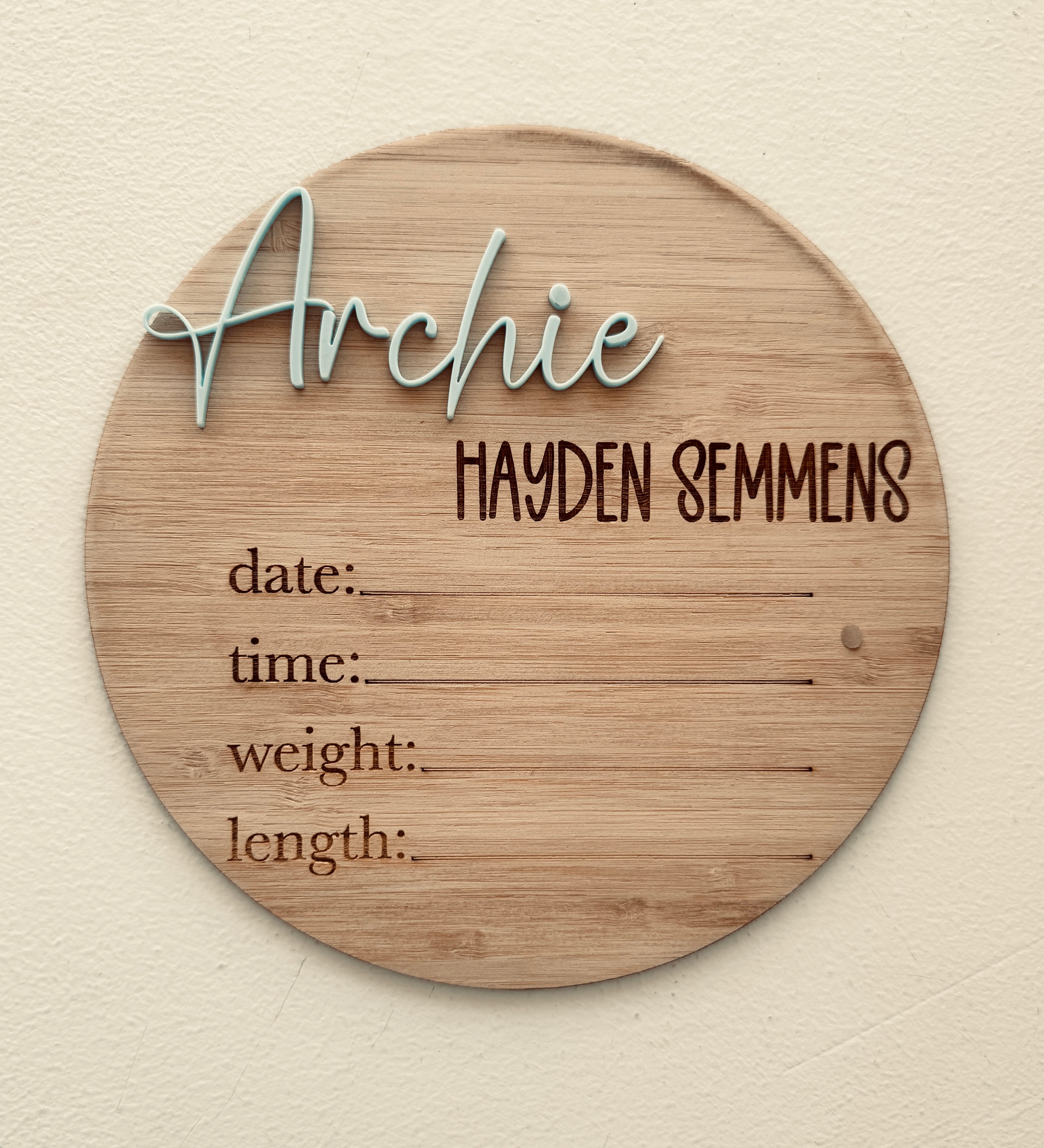 Engraved newborn plaque with name, date and time of birth