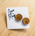 Round wooden stud earrings with engraved floral design, lightweight everyday earrings
