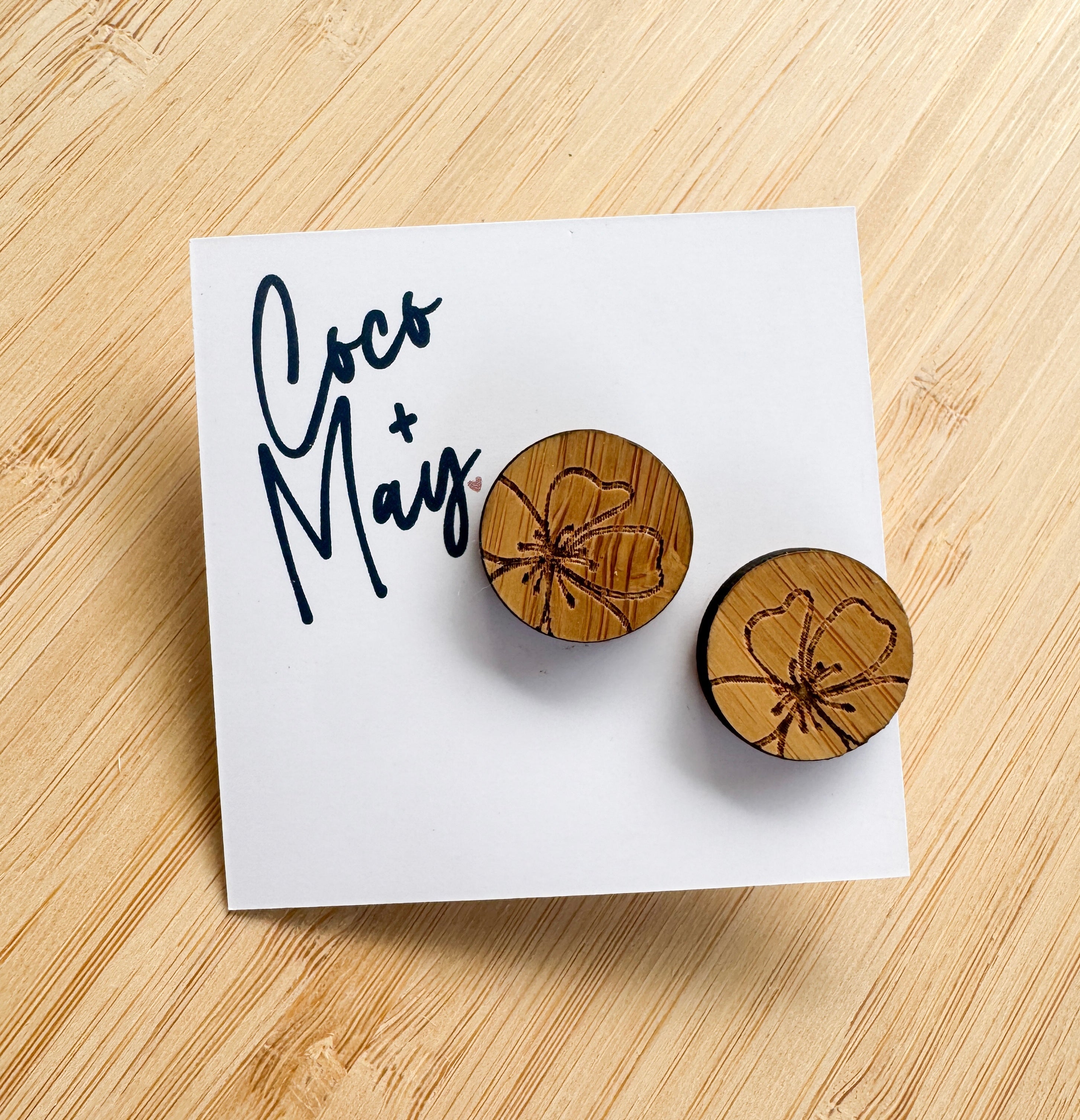 Round wooden stud earrings with engraved floral design, lightweight everyday earrings
