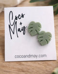Clover sage leaf stud earrings by Coco and May on display card, lightweight botanical earrings Australia
