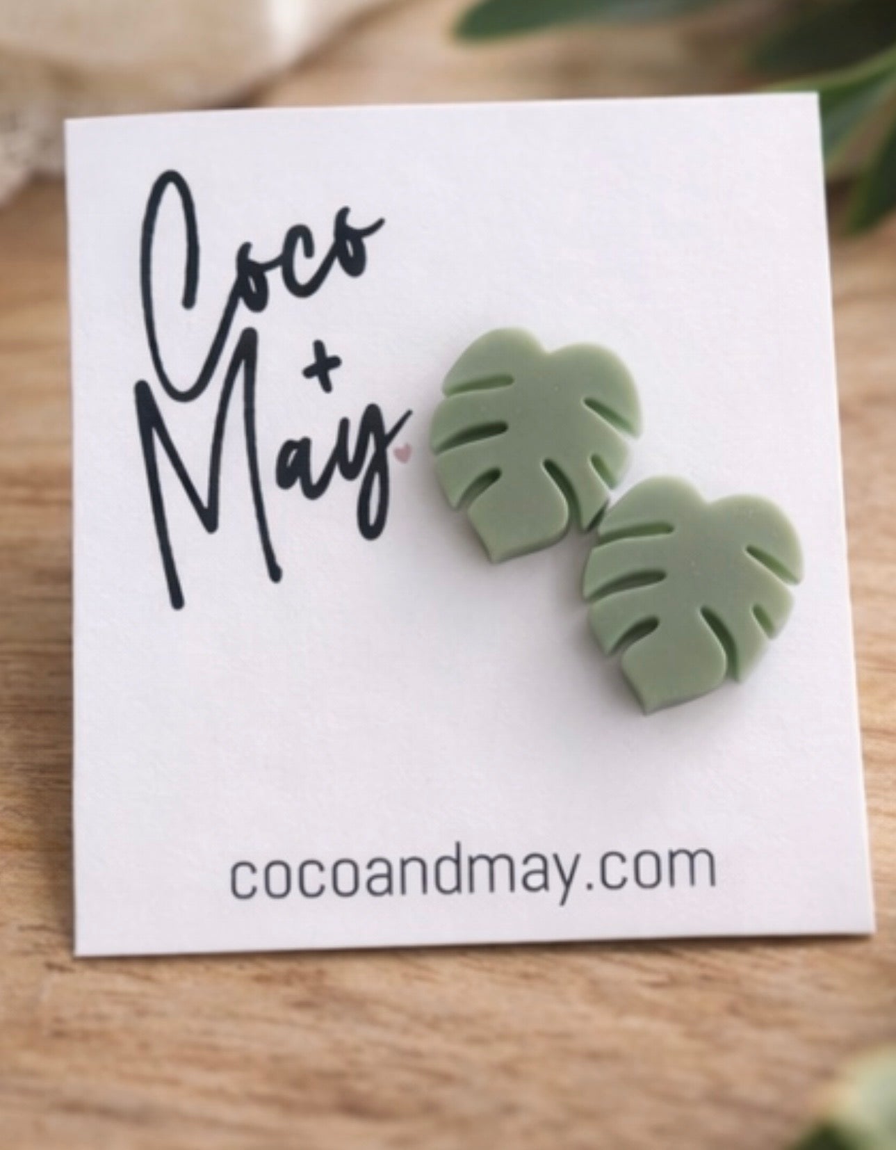 Clover sage leaf stud earrings by Coco and May on display card, lightweight botanical earrings Australia
