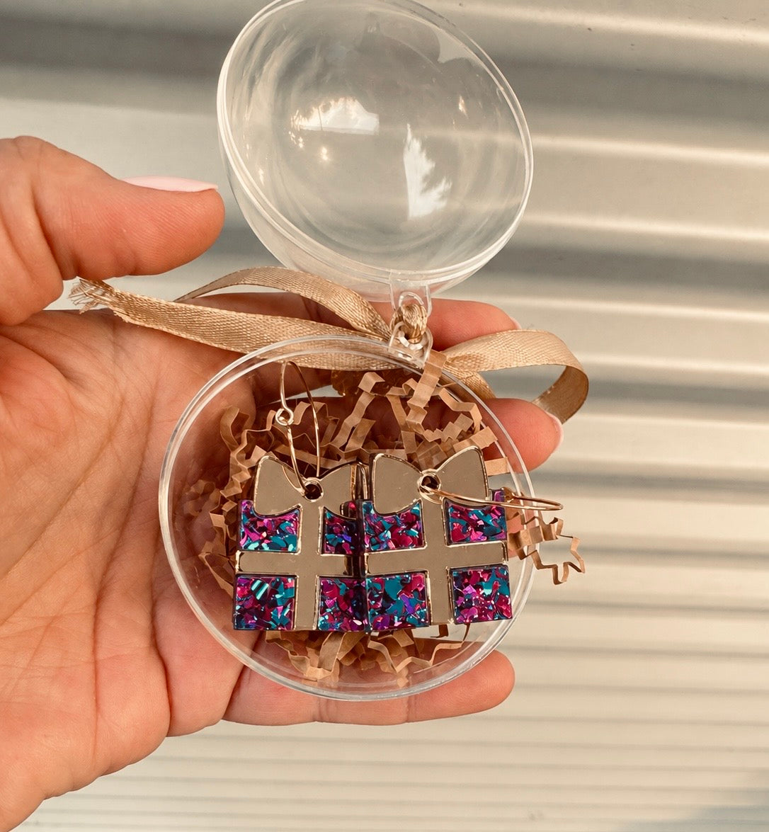 Festive acrylic dangle earrings featuring chunky glitter and reflective mirror gold details by Coco & May