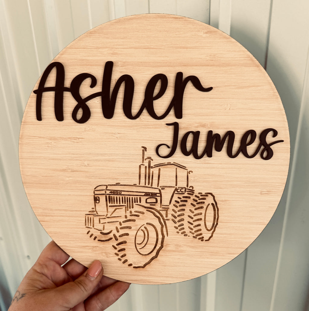 Personalised tractor door plaque with engraved kids name by Coco and May, timber custom name sign Australia
