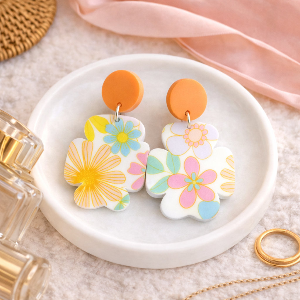Halo pastel floral statement dangle earrings by Coco and May on display plate, lightweight colourful acrylic earrings Australia
