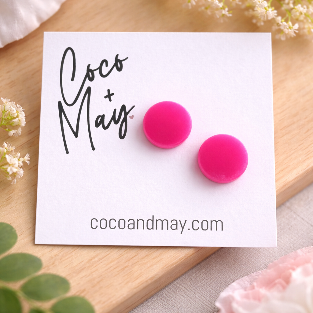 Blush pink stud earrings by Coco and May on display card, minimal lightweight earrings Australia
