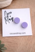 Glow lilac stud earrings by Coco and May on display card, minimal lightweight earrings Australia
