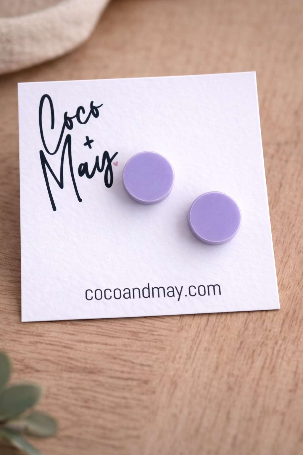 Glow lilac stud earrings by Coco and May on display card, minimal lightweight earrings Australia

