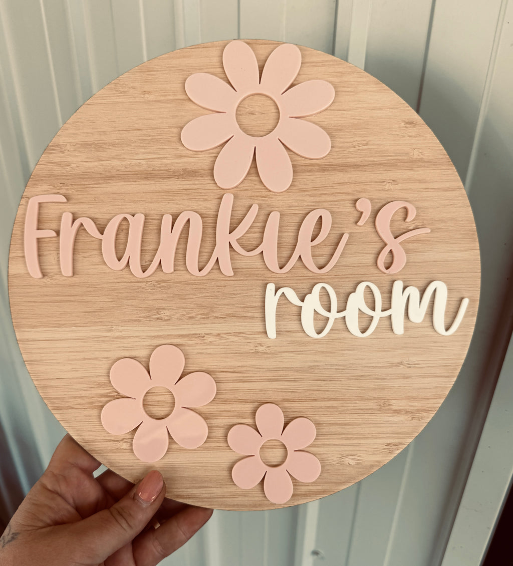 Personalised 3D daisy door plaque with raised name by Coco and May, layered timber and acrylic custom name sign Australia
