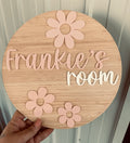Personalised 3D daisy door plaque with raised name by Coco and May, layered timber and acrylic custom name sign Australia
