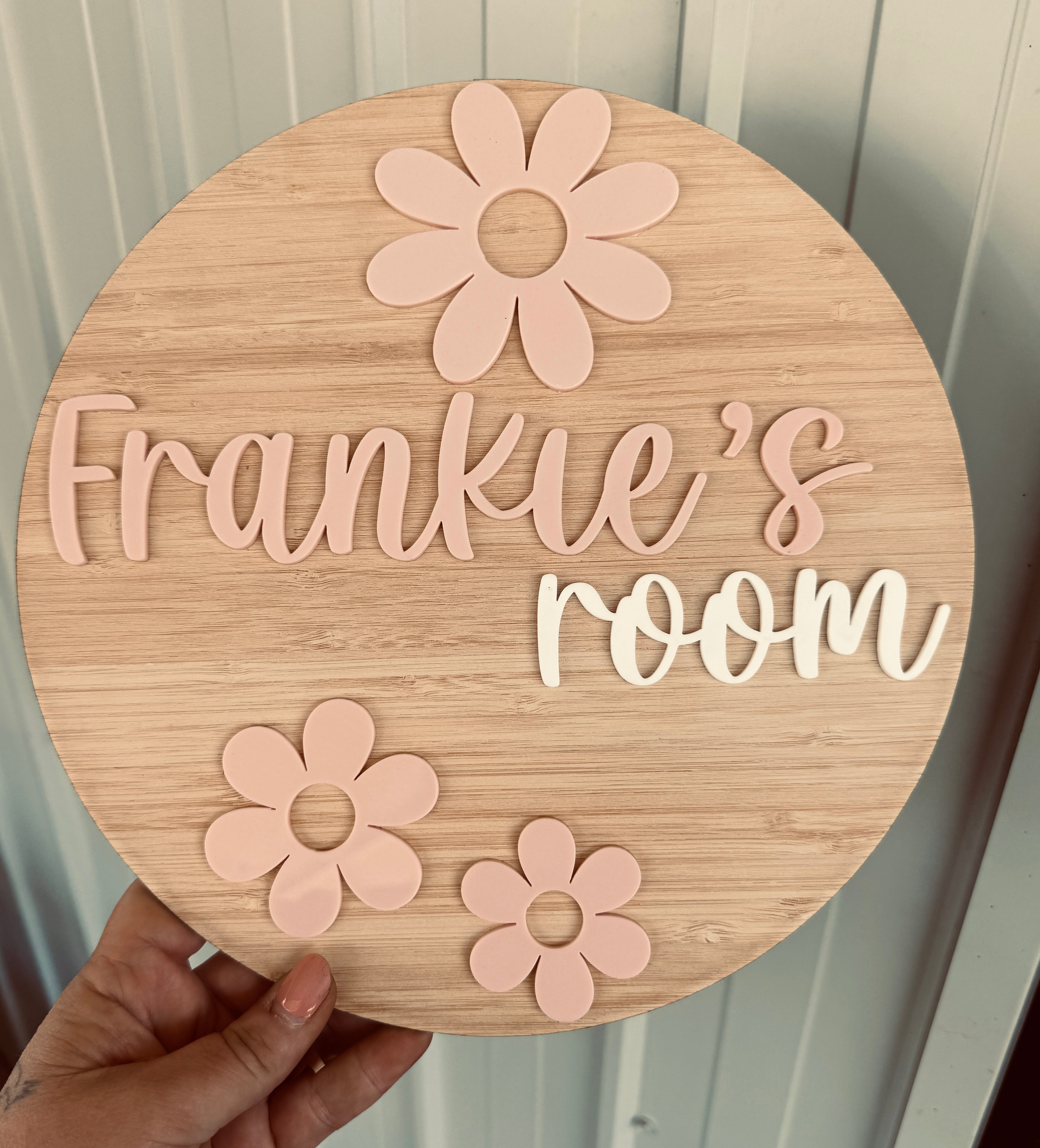 Personalised 3D daisy door plaque with raised name by Coco and May, layered timber and acrylic custom name sign Australia
