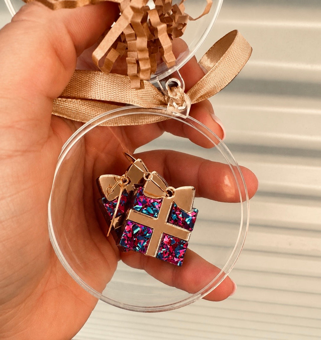 Chunky Glitter & Mirror Gold Christmas Earrings | Festive Dangles