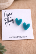 Luna teal heart stud earrings by Coco and May on display card, cute lightweight earrings Australia
