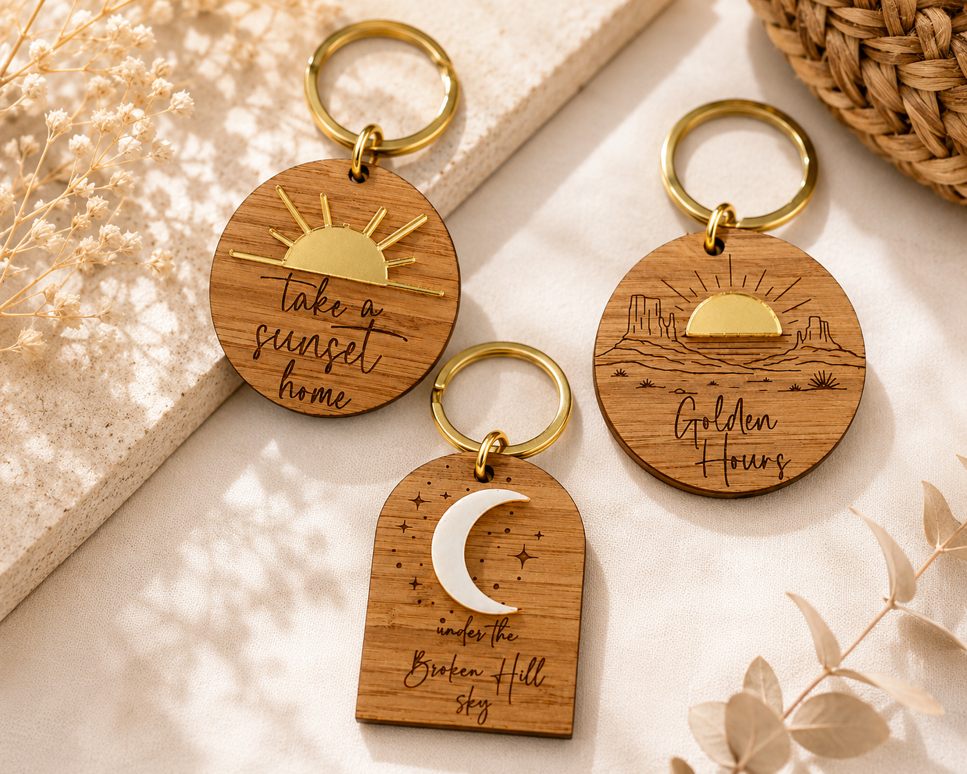 Handmade bamboo and acrylic Afterglow Collection keyrings by Coco & May inspired by Australian sunsets, road trips and the outback.