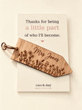 Personalised wooden pencil-shaped teacher keyring with engraved name, displayed on a Coco & May thank you teacher gift card