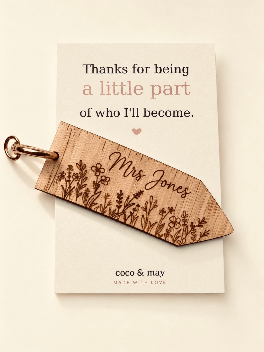 Personalised wooden pencil-shaped teacher keyring with engraved name, displayed on a Coco & May thank you teacher gift card