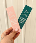 Two personalised teacher bookmarks in blush pink and dark green with teacher names and appreciation messages, by Coco & May