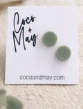 Jade sage green stud earrings by Coco and May on display card, minimal lightweight earrings Australia
