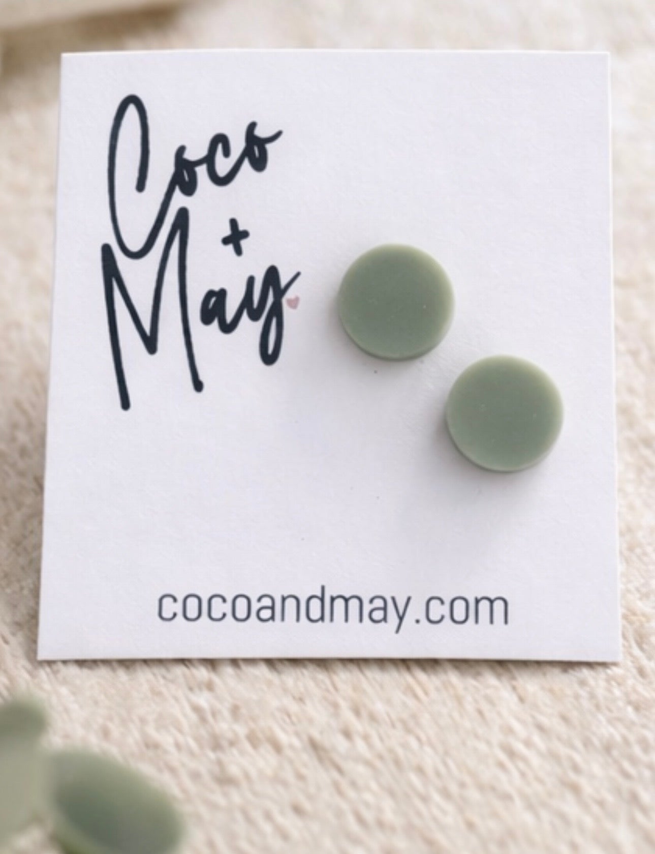 Jade sage green stud earrings by Coco and May on display card, minimal lightweight earrings Australia
