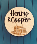 Personalised truck door plaque with engraved kids names by Coco and May, timber custom name sign Australia
