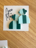 Pixie teal arch dangle earrings by Coco and May on display card, lightweight modern acrylic earrings Australia
