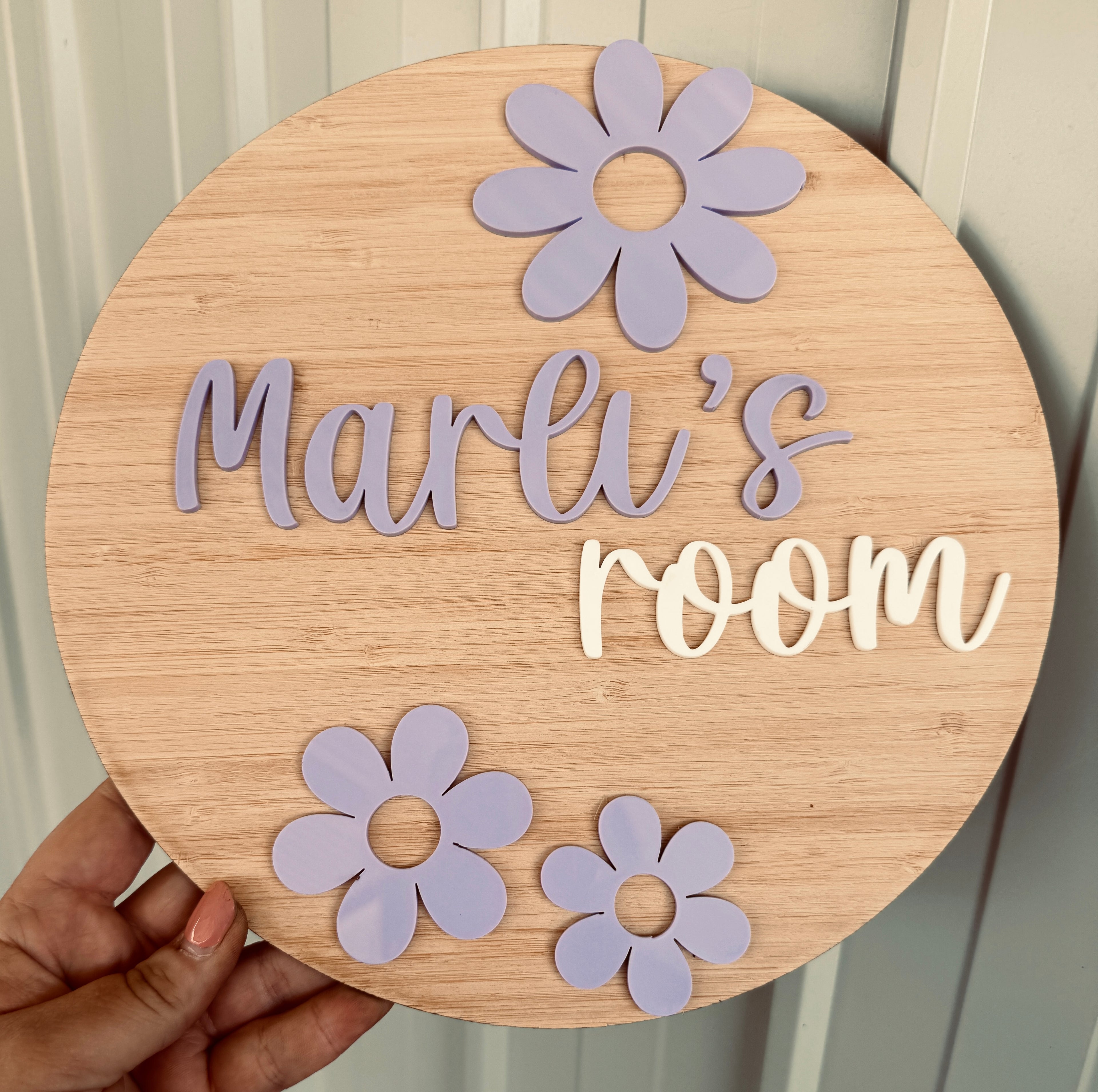 Personalised 3D daisy door plaque with raised name by Coco and May, layered timber and acrylic custom name sign Australia
