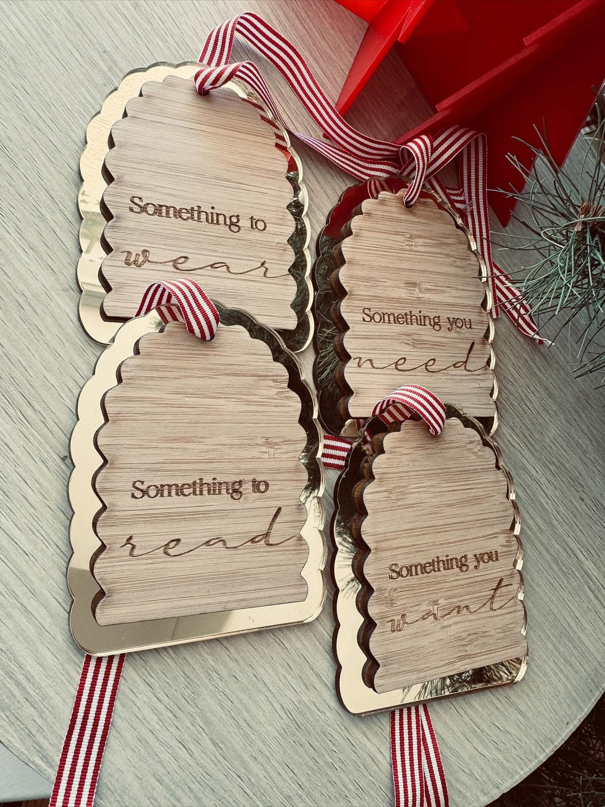 Coco & May set of four wooden Christmas Something Gift Tags in bamboo and gold