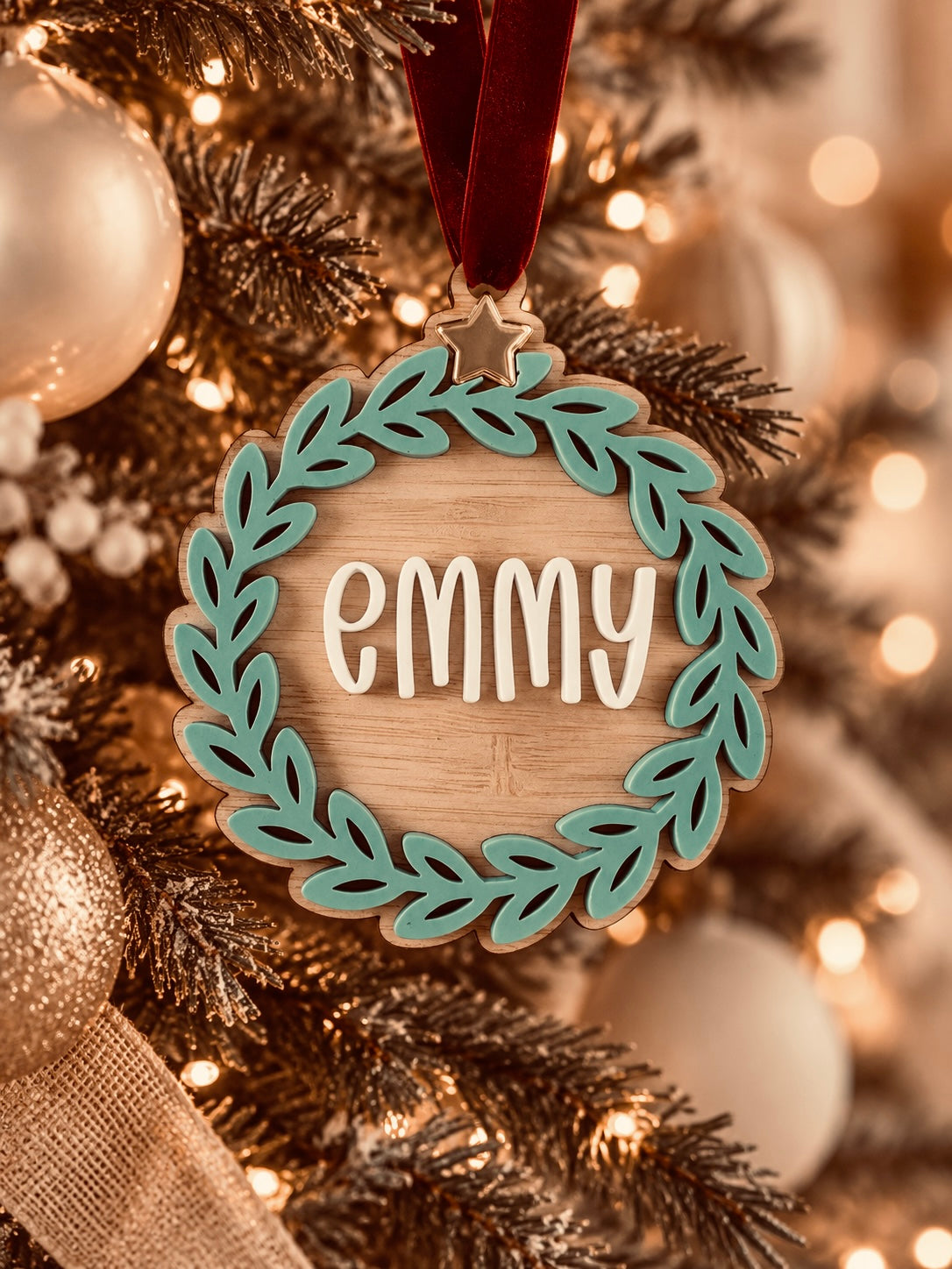 Coco & May personalised wooden Christmas wreath ornament with custom name and layered teal wreath