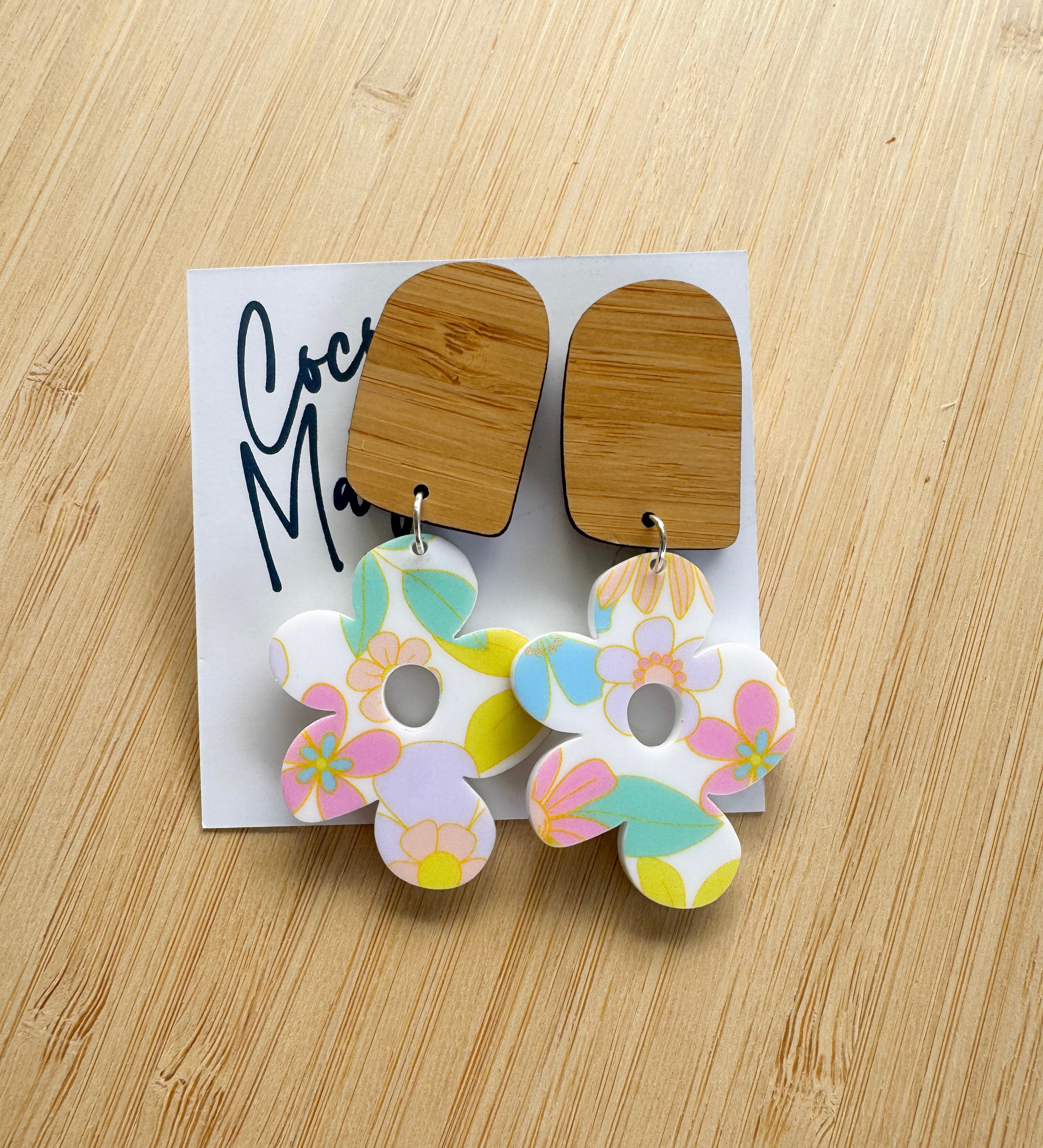 Colourful acrylic and wooden dangle earrings with floral design, lightweight statement earrings
