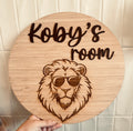 Personalised lion door plaque with engraved kids name by Coco and May, timber custom name sign Australia
