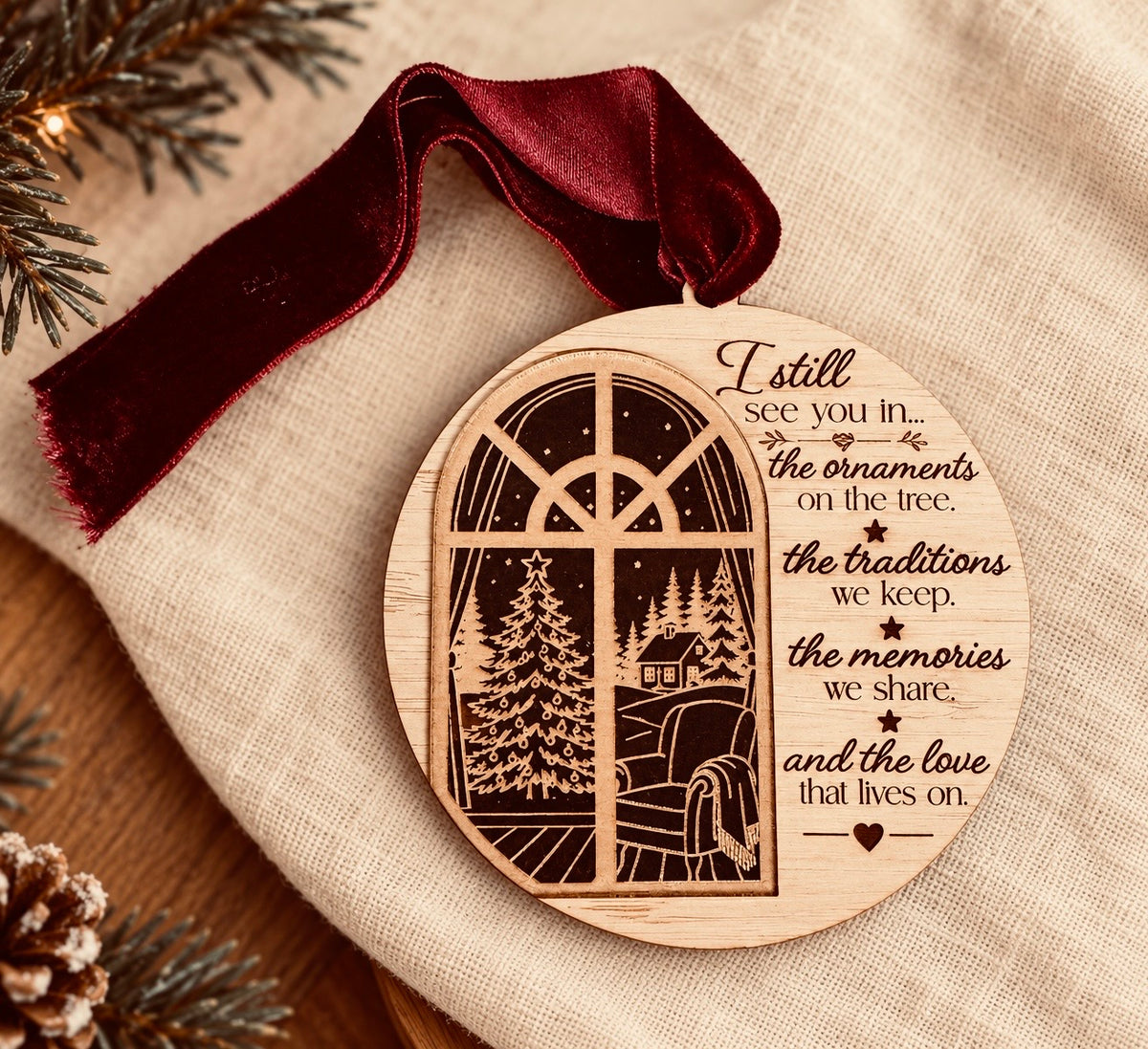 Coco & May I Still See You wooden memorial Christmas ornament with layered window design and remembrance verse