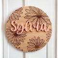 Personalised engraved daisy door plaque with raised name by Coco and May, floral timber custom name sign Australia
