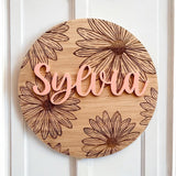 Personalised Daisy Circle Plaque – Engraved Florals with Acrylic Name