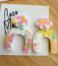 Maple floral statement dangle earrings by Coco and May on display card, colourful lightweight acrylic earrings Australia
