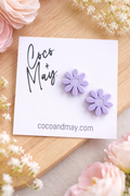 Violet lilac flower stud earrings by Coco and May on display card, lightweight floral earrings Australia
