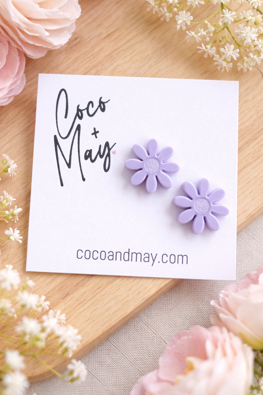 Violet lilac flower stud earrings by Coco and May on display card, lightweight floral earrings Australia

