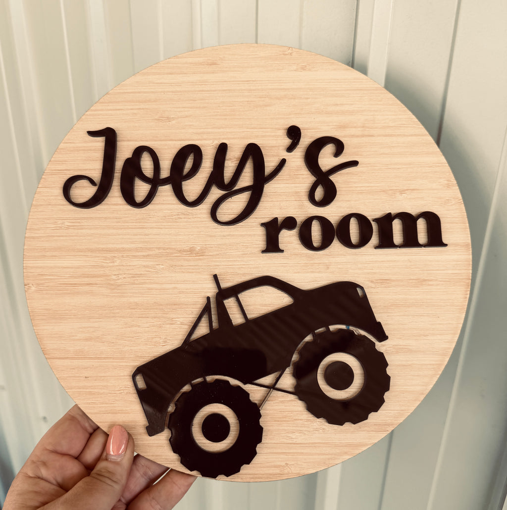 Personalised monster truck door plaque with engraved kids name by Coco and May, timber custom name sign Australia
