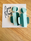 Tilly teal statement dangle earrings by Coco and May on display card, lightweight modern acrylic earrings Australia
