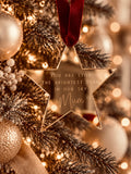 Coco & May Brightest Star wooden memorial Christmas ornament hanging on a Christmas tree