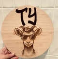 Personalised goat door plaque with engraved kids name by Coco and May, timber custom name sign Australia
