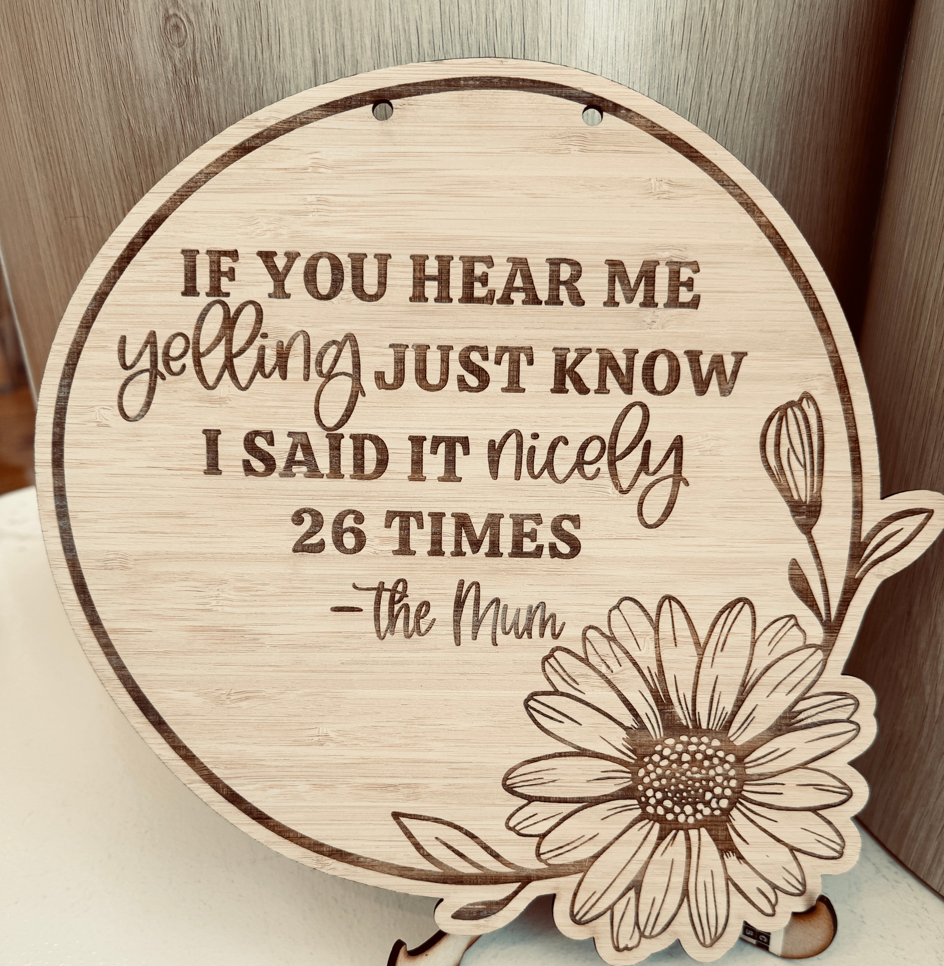 Humorous mum life quote on rustic wooden sign