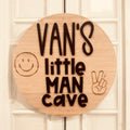 Personalised little man cave door plaque with kids name by Coco and May, timber custom name sign Australia
