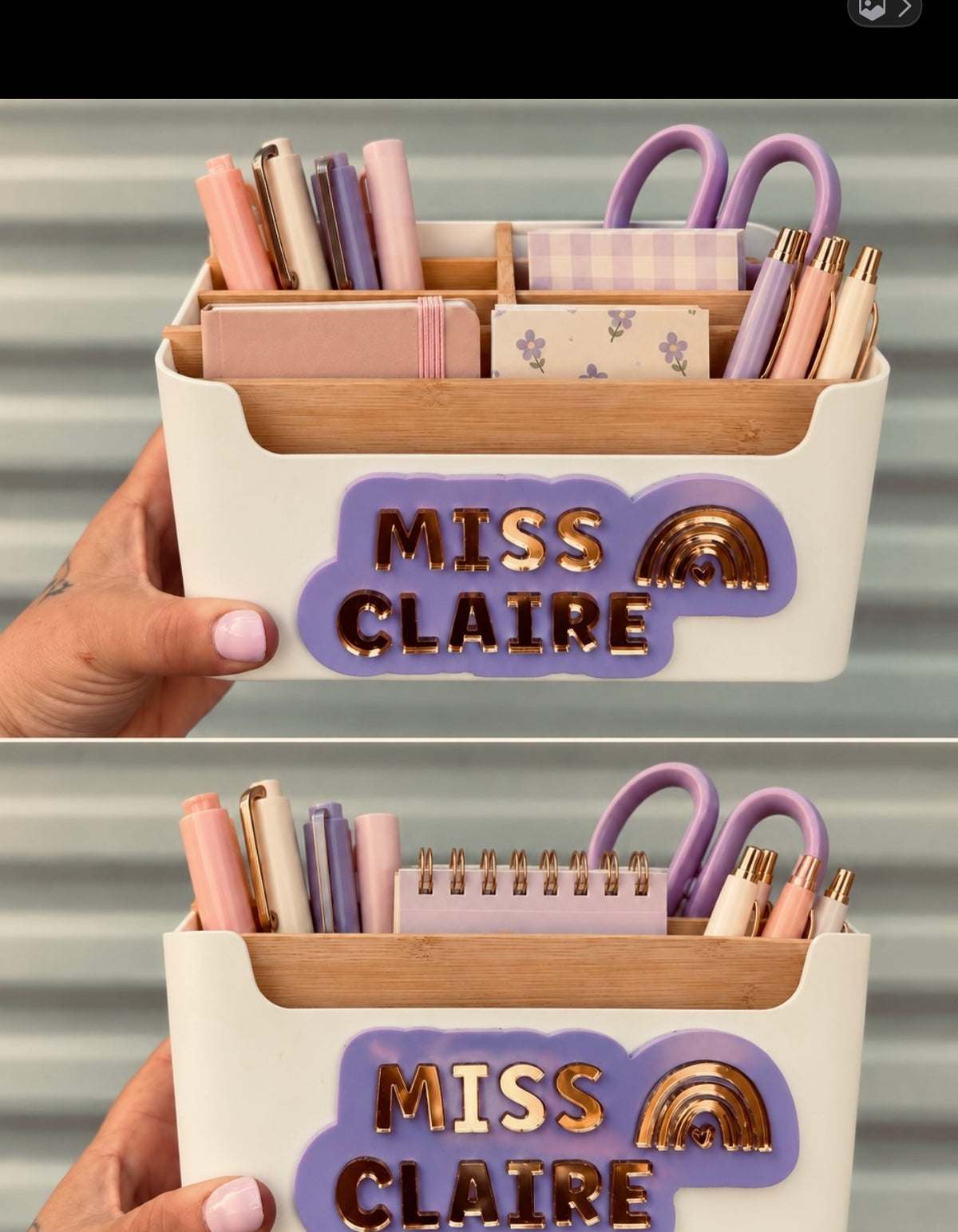 Personalised white teacher desk caddy with Miss Claire raised colourful lettering and rainbow decoration, filled with stationery