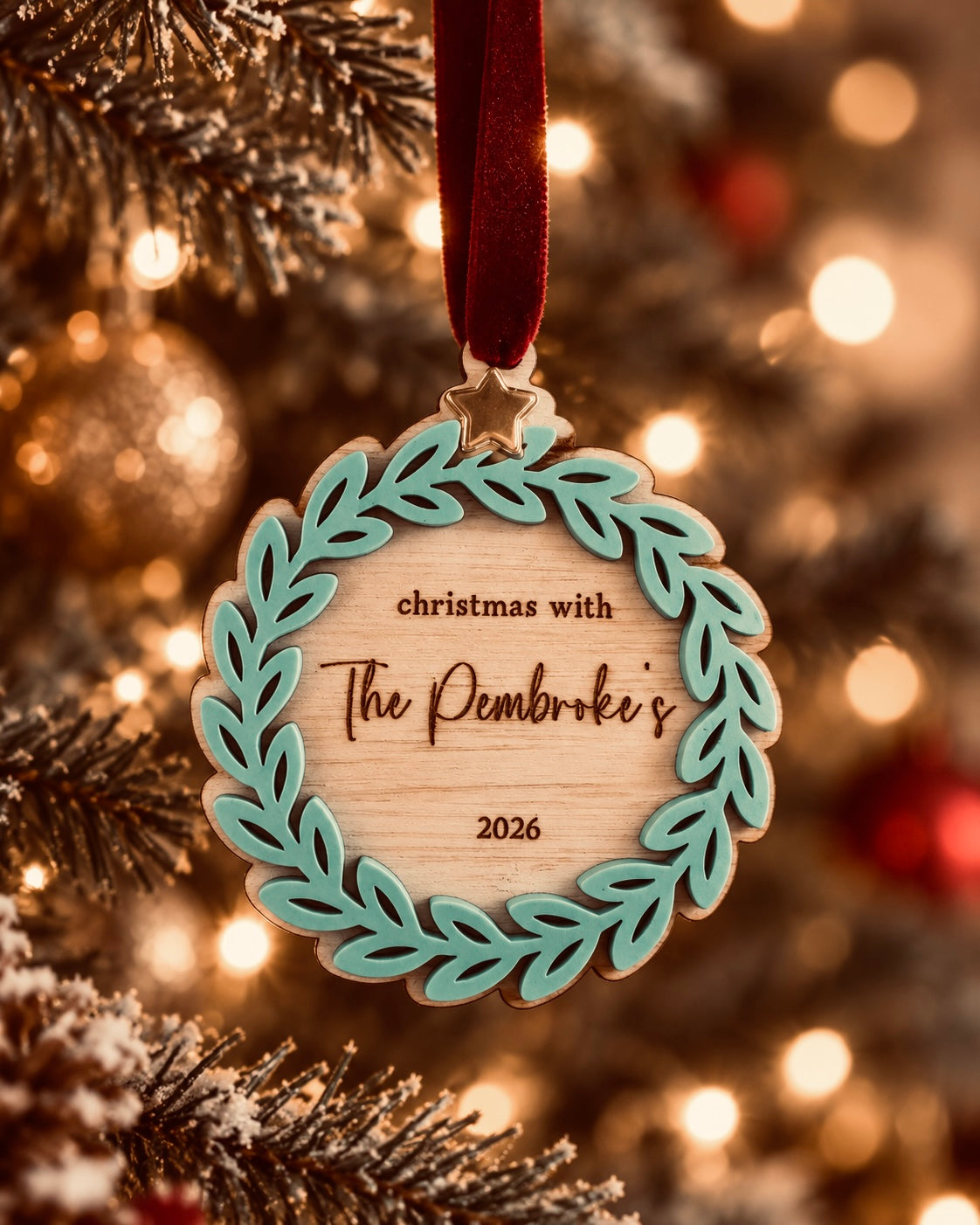 Coco & May personalised family Christmas ornament with family name, year and layered wreath design