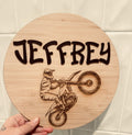 Personalised motorbike door plaque with engraved kids name by Coco and May, timber custom name sign Australia
